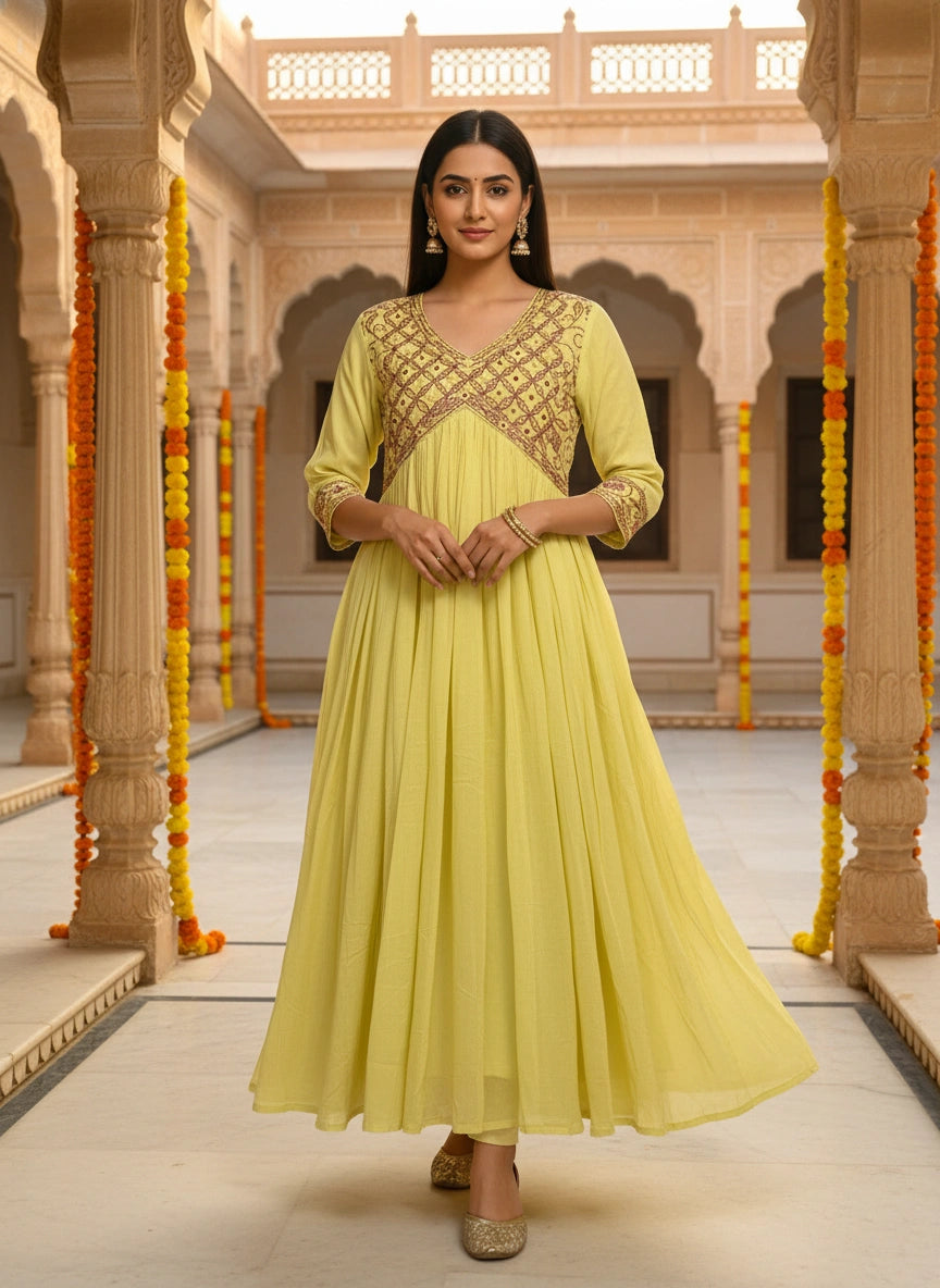 Mul Cotton Mirror Work Dress Yellow