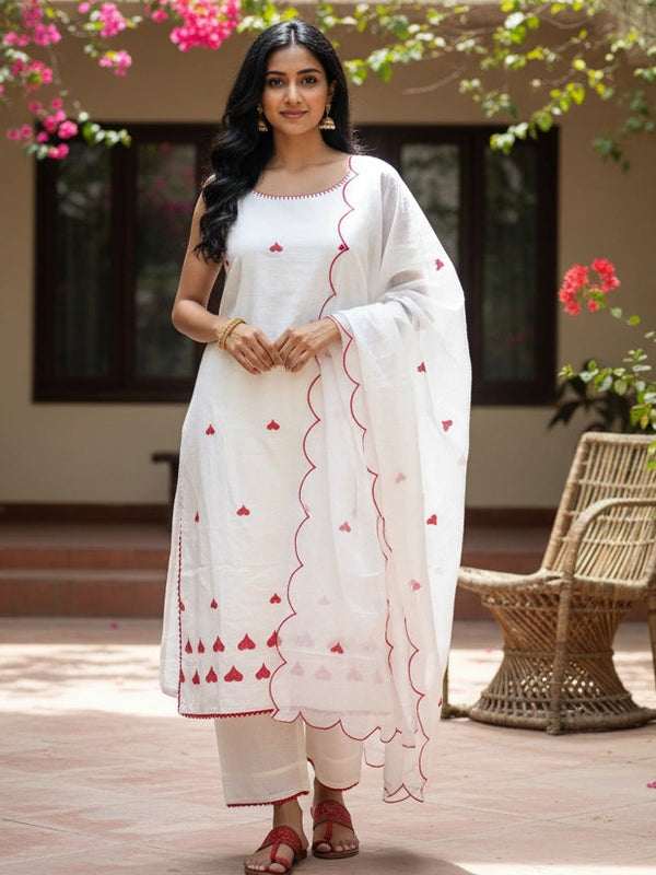 Sleeveless 3 Piece White Red Cotton Suit