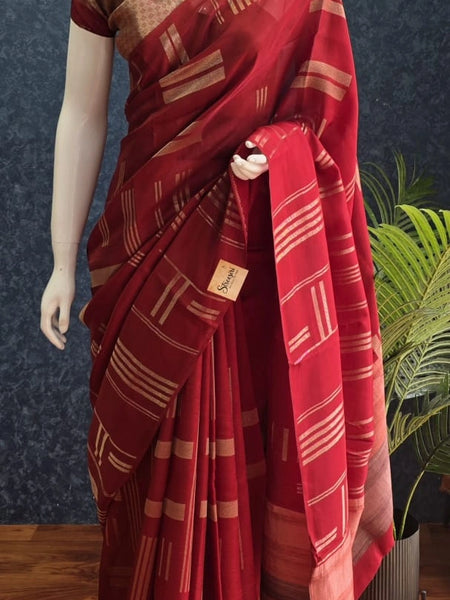 Brocade Blouse Maroon Kosa Silk Saree