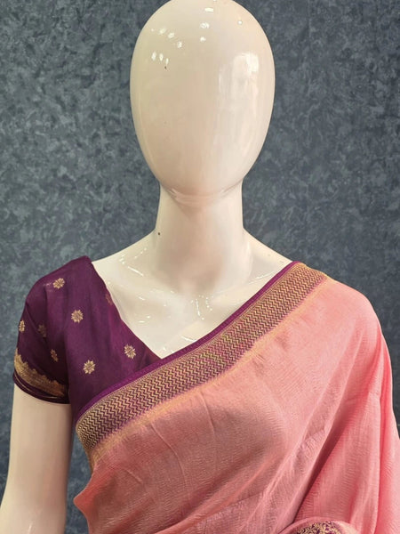 Crush Baby Pink Purple Tussar Crepe Saree