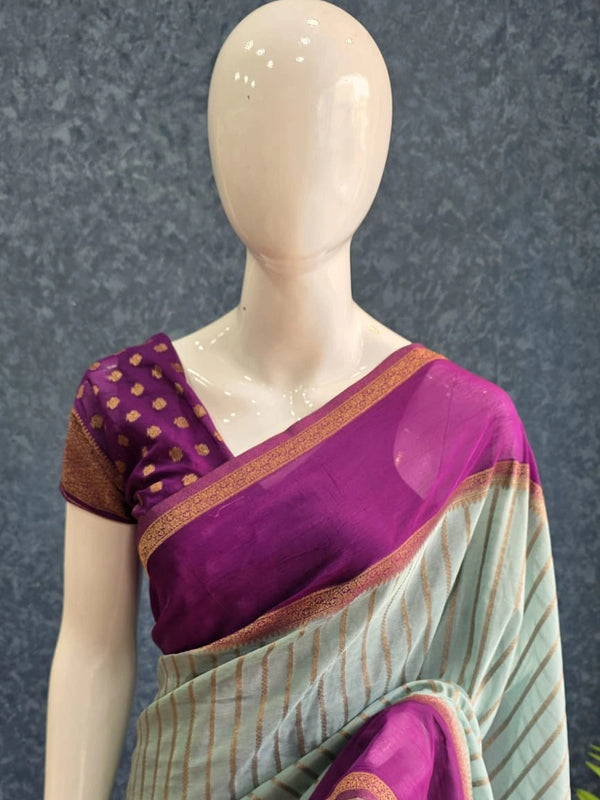 Contrast Aqua Blue Purple Semi Silk Saree