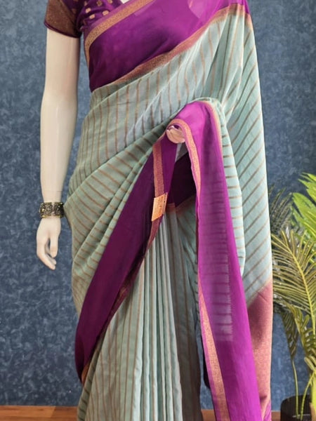 Contrast Aqua Blue Purple Semi Silk Saree