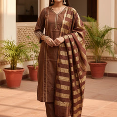 Party Wear 3 piece Brown Cotton Silk Suit