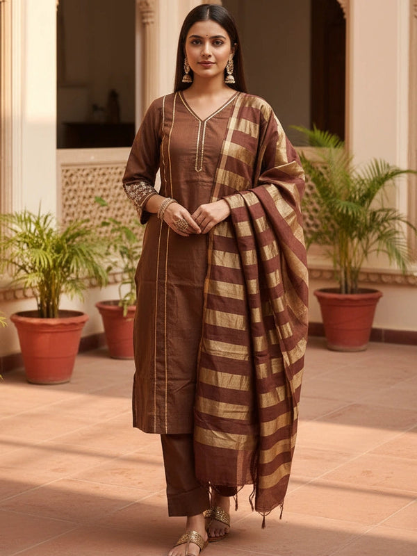 Party Wear 3 piece Brown Cotton Silk Suit