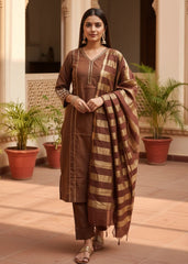 Party Wear 3 piece Brown Cotton Silk Suit