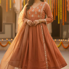 Party Wear 3 piece Rust Orange Cotton Silk Suit