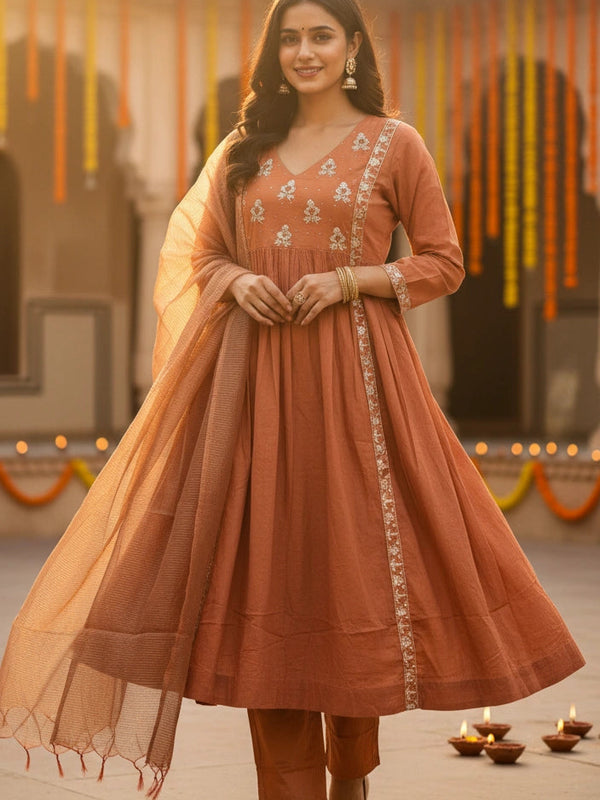 Party Wear 3 piece Rust Orange Cotton Silk Suit