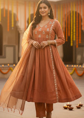 Party Wear 3 piece Salwar Suits in Rust Orange