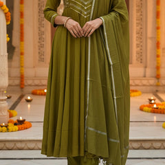 Party Wear 3Piece Mehandi Green Cotton Silk Suit