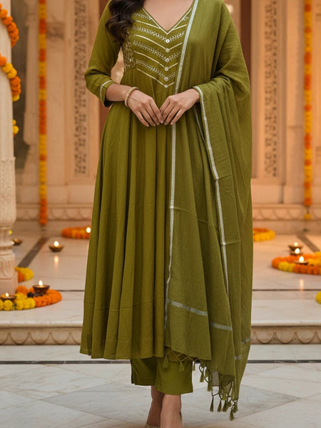 Party Wear 3Piece Mehandi Green Cotton Silk Suit