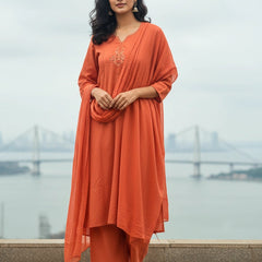 Embroider 3 Piece Orange Cotton Suit