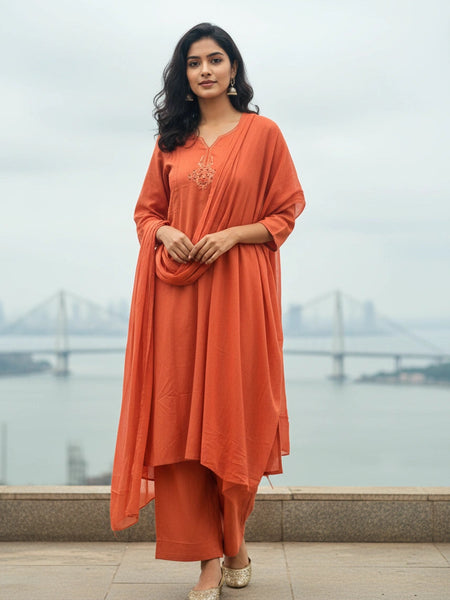 Embroider 3 Piece Orange Cotton Suit