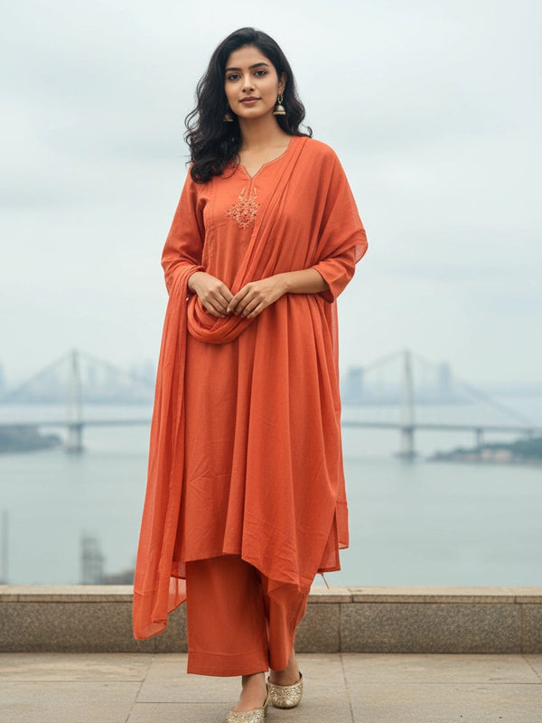 Embroider 3 Piece Orange Cotton Suit