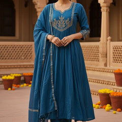 PartyWear3 piece Blue Embroidery Cotton Silk Suit
