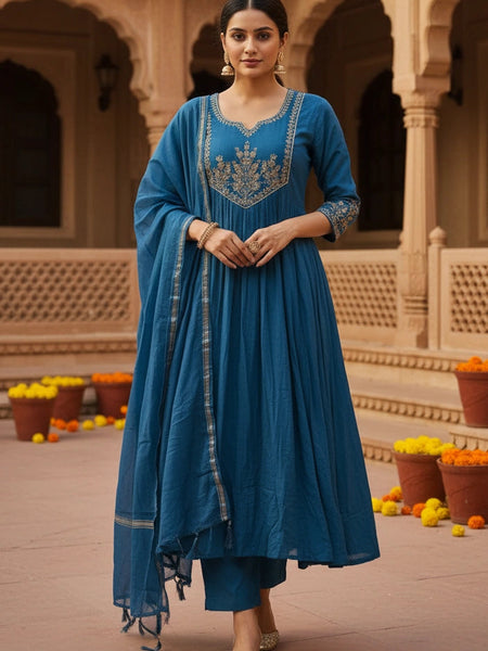PartyWear3 piece Blue Embroidery Cotton Silk Suit