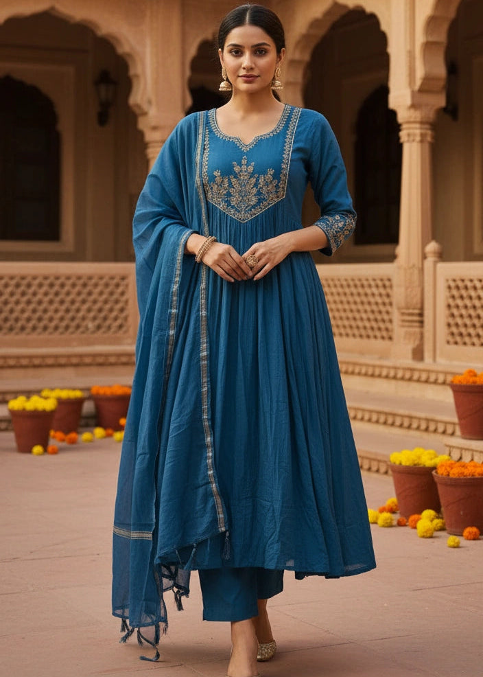 PartyWear 3 piece Salwar Suit Blue Embroidery
