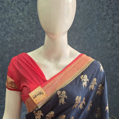 Contrast Navy Blue Pink Semi Silk Saree