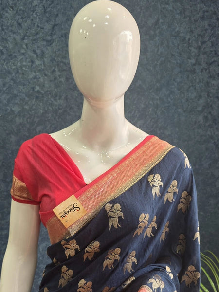 Contrast Navy Blue Pink Semi Silk Saree
