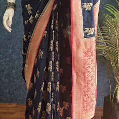 Contrast Navy Blue Pink Semi Silk Saree