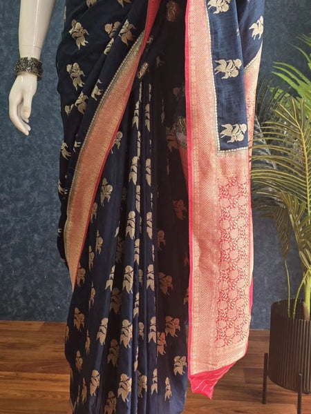 Contrast Navy Blue Pink Semi Silk Saree
