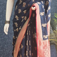 Contrast Navy Blue Pink Semi Silk Saree
