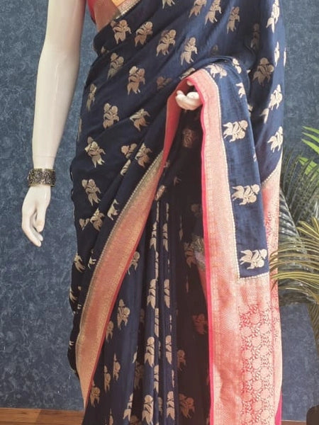 Contrast Navy Blue Pink Semi Silk Saree