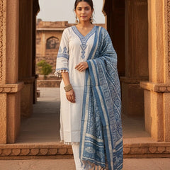 Jaipuri 3 piece White Blue  Cotton Suit
