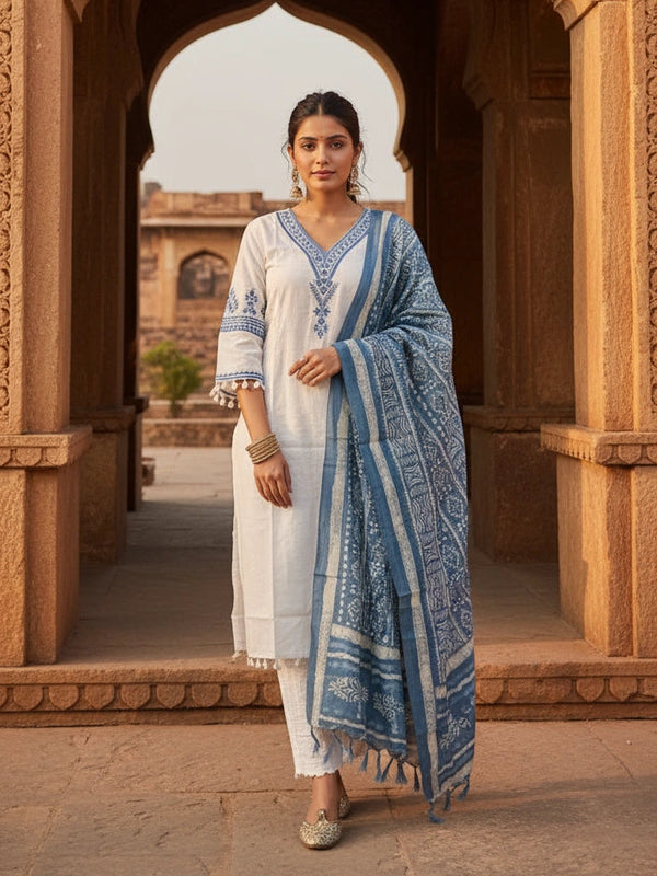 Jaipuri 3 piece White Blue  Cotton Suit