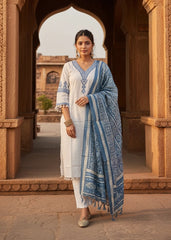 Jaipuri Cotton 3 piece Salwar Suit White with Blue Embroidery