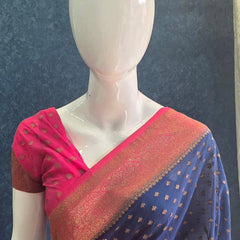 Contrast Navy Blue Rose pink Semi Silk Saree