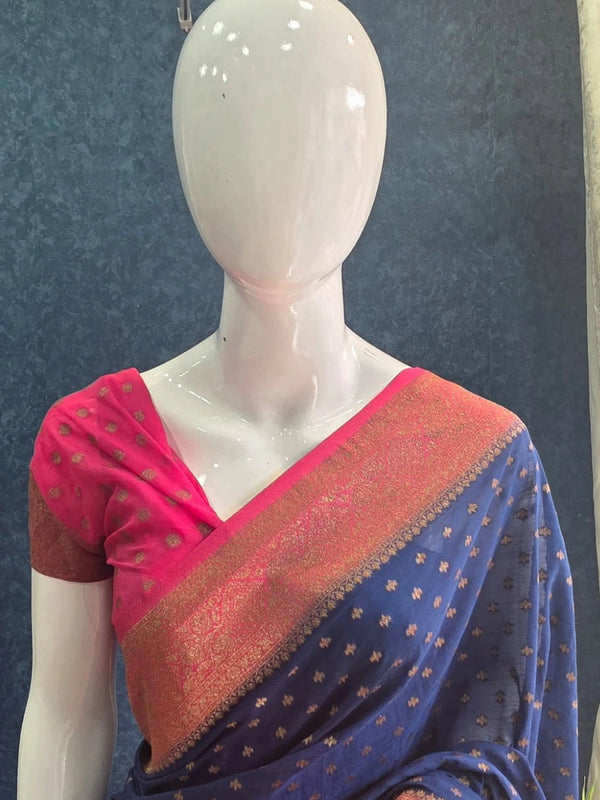 Contrast Navy Blue Rose pink Semi Silk Saree