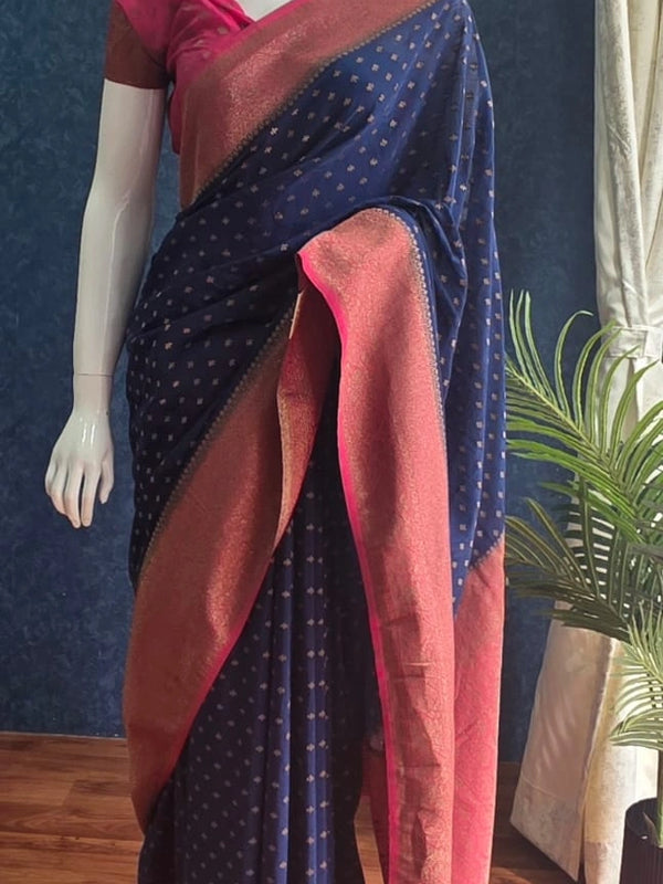 Contrast Navy Blue Rose pink Semi Silk Saree