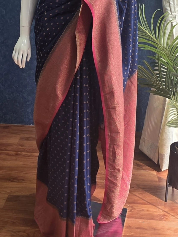 Contrast Navy Blue Rose pink Semi Silk Saree