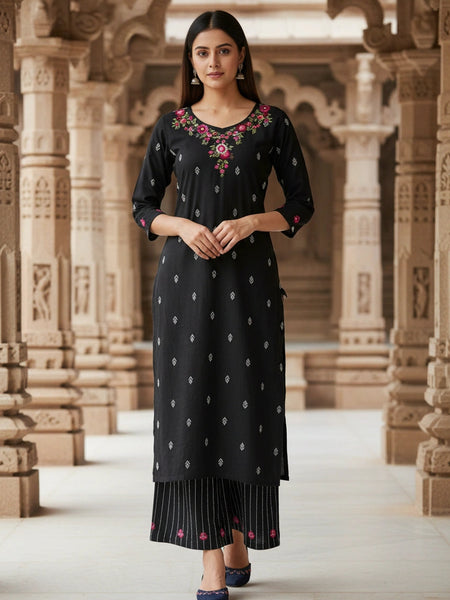 Embroider 2Piece Navy Blue Cotton Suit