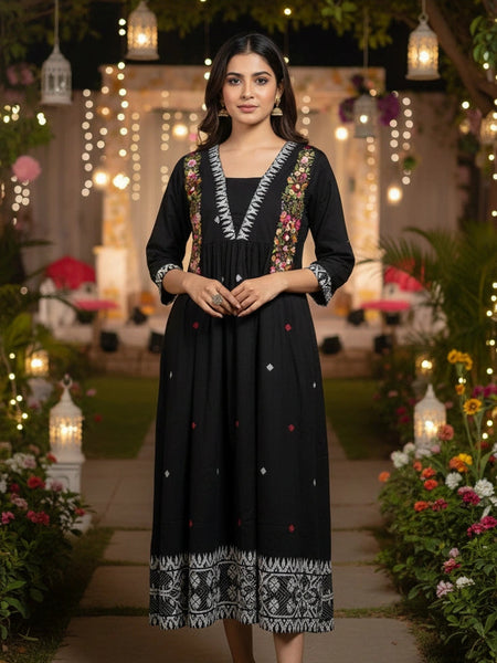 Embroider 1 Piece Black Cotton Suit