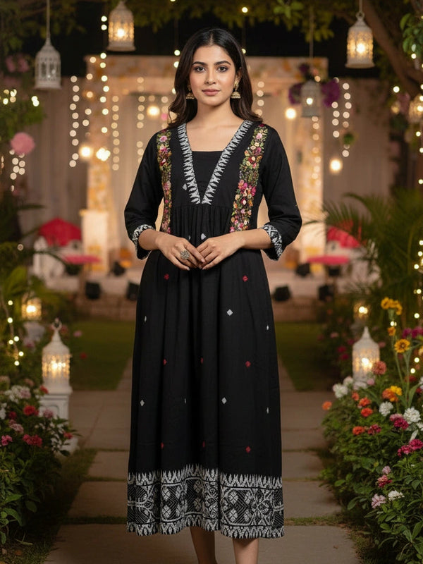 Embroider 1 Piece Black Cotton Suit