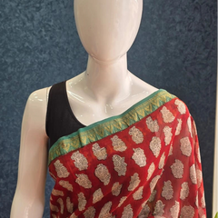 Contrast Brick red Green Maheshwari Silk Saree