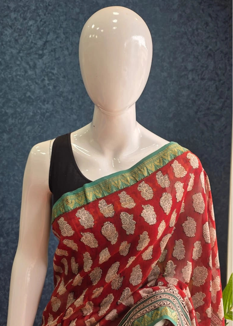 Maheshwari Silk Brick red Green