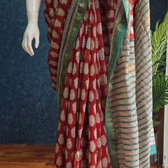 Contrast Brick red Green Maheshwari Silk Saree