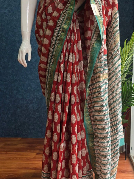 Contrast Brick red Green Maheshwari Silk Saree