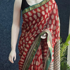 Contrast Brick red Green Maheshwari Silk Saree