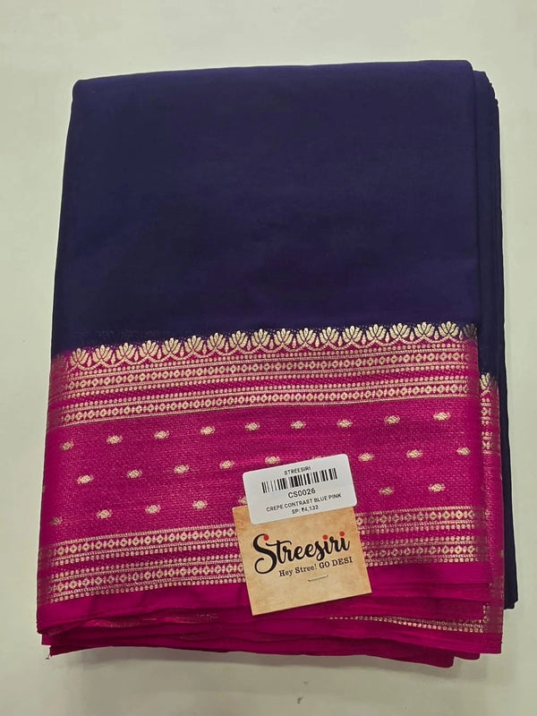 Butta Navy Blue Pink Semi Crepe Silk Saree