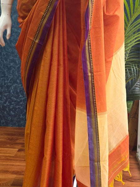 Narayanpet Orange Purple Cotton Saree
