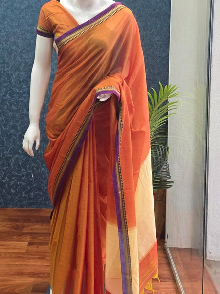 Narayanpet Orange Purple Cotton Saree