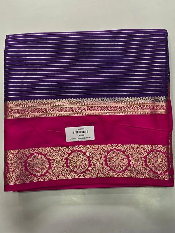 Contrast Lines Purple Pink Semi Crepe Silk Saree
