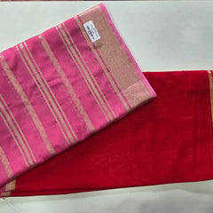 Half & Half Pink Bottle Green Semi Crepe Silk Saree
