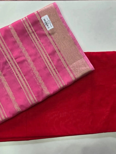 Half & Half Pink Bottle Green Semi Crepe Silk Saree