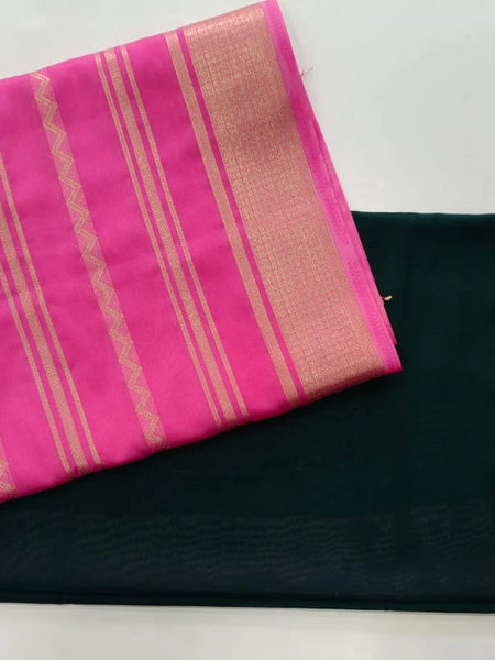 Half & Half Pink Bottle Green Semi Crepe Silk Saree