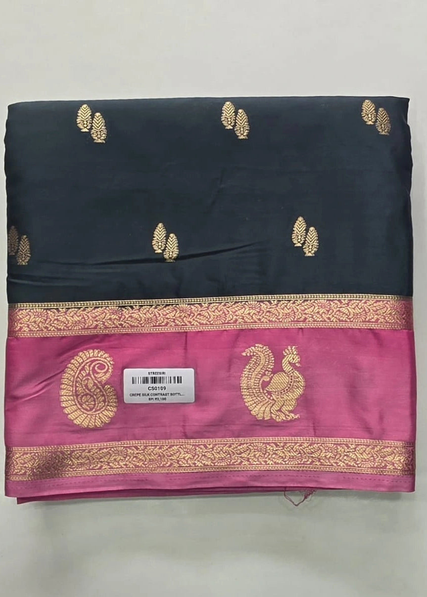 Crepe Silk Contrast Bottle Green Baby Pink