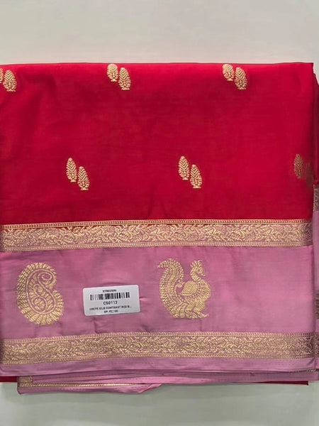 Contrast Red Pink Semi Crepe Silk Saree